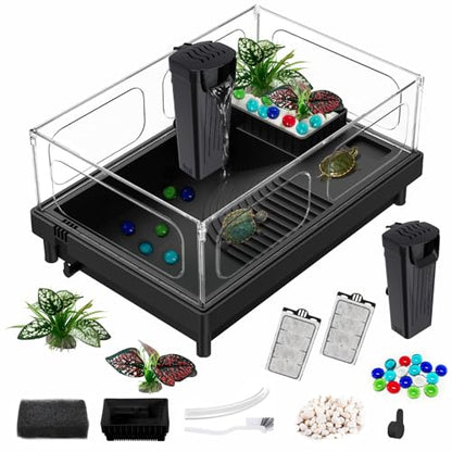 GOZILLA Small Turtle Tank with Filter, Acrylic Aquarium Turtle Tank Starter Kit with Multi-Functional Areas for Turtles, Hermit Crabs, Crayfish, Small Reptiles. (Black)