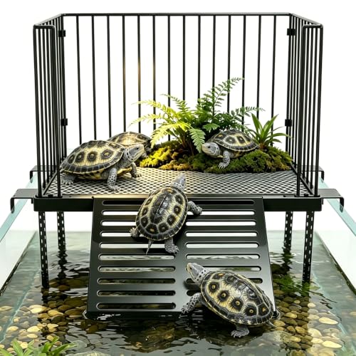 Turtle Basking Platform with Ramp, for 25-75 Gal Tank | Sliding hooks adjust water depth easily. Fits 15-17 inch rim. Rust-proof SS, non-slip ramp for safe climbing.
