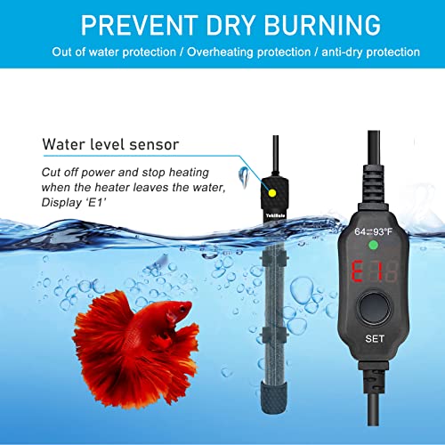 YukiHalu Small Submersible Aquarium Heater, Adjustable Mini Fish Tank Heater 25W 50W 100W 200W 300W with External Temperature Controller, LED Display, Used for 5/10/20/40/60 Gallons (300 Watt) - size: 300 Watts