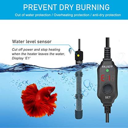 YukiHalu Submersible Aquarium Heater 100W 150W 200W, Adjustable Mini Fish Tank Heater, Small Size, Overheating Protection, External Controller, Used for 0.5-40 Gallons(150W) - size: 150 Watts