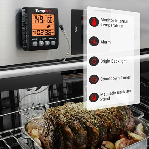 TempPro TP16SW Digital Meat Thermometer for Cooking and Grilling, BBQ Food Thermometer with Backlight and Kitchen Timer, Grill Temperature Probe Thermometer for Smoker, Barbecue, Oven, Black - color: Black,Orange