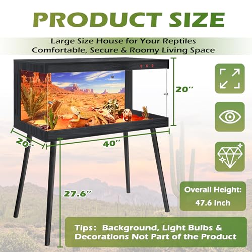 Royxen Bearded Dragon Tank, 65 Gallon Reptile Tank with Leg Stand,Built-in Lighting Reptile Enclosure, Tempered Glass Bearded Dragon Encloure for Chameleon (Black,40"x 20"x 20") - color: Black, size: 65 Gallons,40"x20"x20"