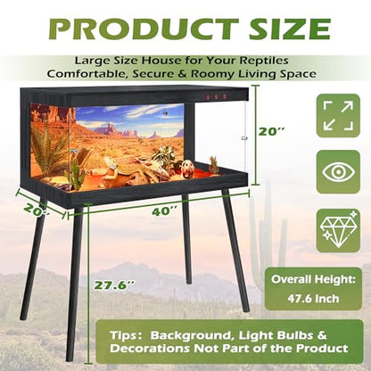 Royxen Bearded Dragon Tank, 65 Gallon Reptile Tank with Leg Stand,Built-in Lighting Reptile Enclosure, Tempered Glass Bearded Dragon Encloure for Chameleon (Black,40"x 20"x 20") - color: Black, size: 65 Gallons,40"x20"x20"