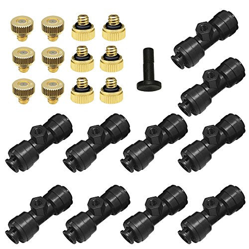 Yotako 1/4'' Slip-Lock Misting Nozzles Kit | 12Pcs Brass Misting Nozzles 10Pcs Water Misting Nozzle Tees Thread Misting Nozzle Tees with Plugs for Spray Cooling System