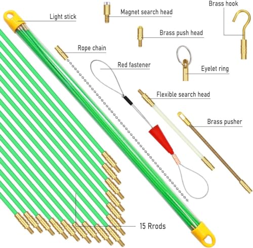 50 Feet Fiberglass Fish Tape Cable Rods, Electrical Wire Running Pull/Push Kit with Hook and Hole Kit Glow Rod, Hook Hole, Green - size: 50FT