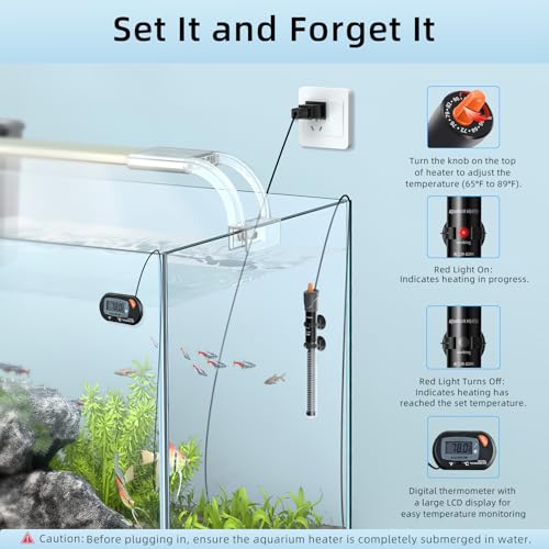 HiTauing Aquarium Heater 25W/50W/100W/200W/300W, Adjustable Knob Fish Tank Heater with Digital Thermometer, Submersible Betta/Turtle Tank Heater for Freshwater and Saltwater Tanks - size: 200W for 30-50 gallon