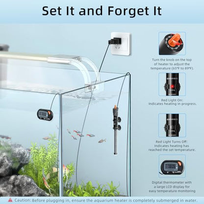 HiTauing Aquarium Heater 25W/50W/100W/200W/300W, Adjustable Knob Fish Tank Heater with Digital Thermometer, Submersible Betta/Turtle Tank Heater for Freshwater and Saltwater Tanks - size: 200W for 30-50 gallon