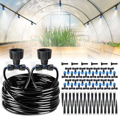 HIRALIY 118FT Drip Irrigation Kit, Quick-Connect Garden Watering System | with 30 Adjustable Misting Nozzles and 1/4 in Tubing for Greenhouse Rows, Hanging Plants, Raised Beds & Patio Gardens - size: 118 feet