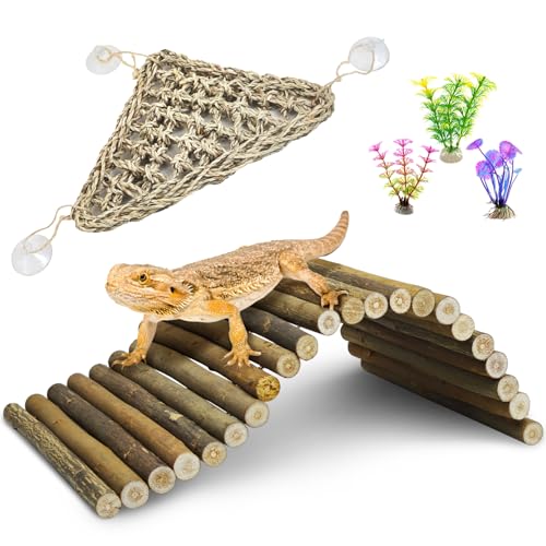 BNOSDM Reptile Wood Hideout Bridge Flexible Hammock 3PCS Reptile Habitat Accessory Set Bearded Dragan Tank Accessaries for Lizard Turtle Hermit Crabs Ball Python Gecko