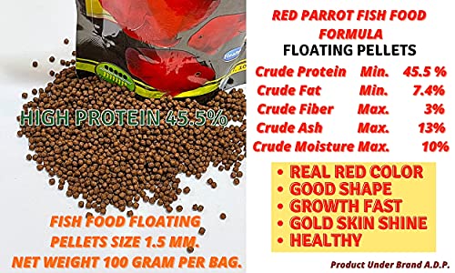 A.D.P. Red Parrot Fish Food, 45.5% High Protein Floating Pellets with Astaxanthin & Spirulina, Color Enhancing Tropical Fish Feed for Red Parrot, Flowerhorn & Cichlid Fish, 1.5 mm Pellets - 100 g - color: Red Parrot Food