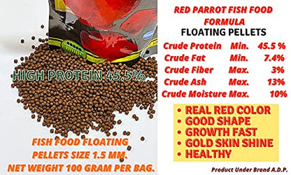 A.D.P. Red Parrot Fish Food, 45.5% High Protein Floating Pellets with Astaxanthin & Spirulina, Color Enhancing Tropical Fish Feed for Red Parrot, Flowerhorn & Cichlid Fish, 1.5 mm Pellets - 100 g - color: Red Parrot Food