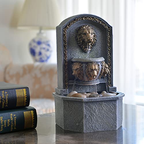 10.3 Inch Lion Head Tabletop Water Fountain, Classic Resin Indoor Zen Waterfall Fountain with Cobblestone, Soothing Water Sounds for Office and Home Decor (20135) - color: Yellow