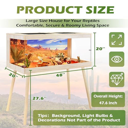 ROYXEN Bearded Dragon Tank with Leg Stand,82 Gallon Tempered Glass Reptile Tank with Metal Mesh Top, 3-Side Clear Anti-Scratch Glass Lizard Tank,Snake Tank for Reptile Habitat (Oak,48" Length) - color: Oak, size: 82Gal,48x20x20inch