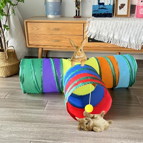 Rabbit Tunnels & Tubes Collapsible Toy 3 Way Rainbow | Play Tunnel Tube Toy with Hanging Ball for Kitten, Puppy, Bunny, Ferret, Interactive Toys for Fun Playtime & Exercise - color: Rainbow