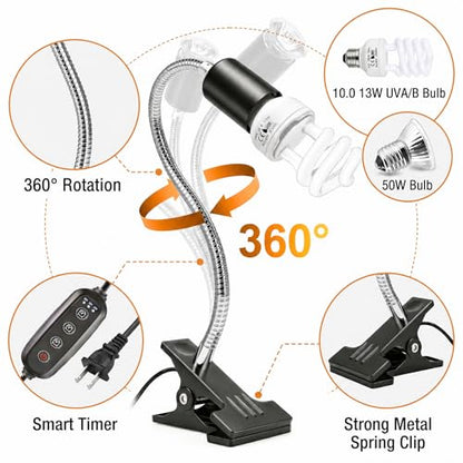 Reptile Heat Lamp,UVB Light for Reptiles Turtle/Lizard,UVB/A 10.0 13W Bulb | Heat Lamp with Clamp for Bearded Dragon and Terrarium, UVB Light for Reptiles with Timer, 50W Sunbathing Bulb