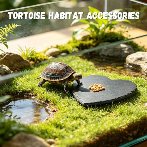 Reptile Basking Platform, 8" x 7.8" Tortoise Habitat Accessories Rock Plate, Heart Shape Natural Rock Reptile Food Dish, Habitat Decor for Turtle Bearded Creature Chameleon Frog Gecko Hermit Crab