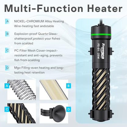 FREESEA Aquarium Heater for Fish Tank: 25W Small Submersible Thermostat with Off-Water Protection & UL Certified Cord for 1-5 Gallon Fish Turtle Tanks Enthusiasts