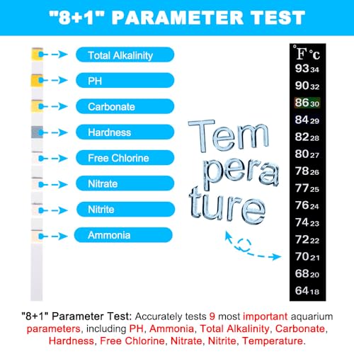 DaToo 8 in 1 Aquarium Test Kit Fish Tank Test Strips Accurate Water Quality Testing Strips for Ammonia PH Total Alkalinity Carbonate Hardness Free Chlorine Nitrate Nitrite Temperature (100 Strips) - size: 100 Strips