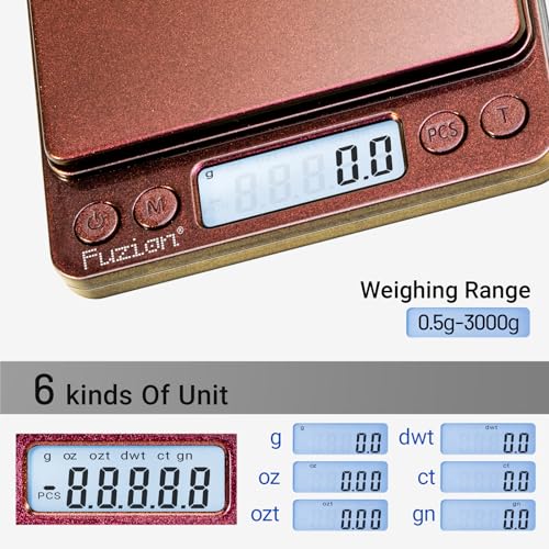 Fuzion Small Gram Scale 3000g, Digital Kitchen Food Scale, Gram and Ounce | Ombré, 0.1g Accuracy, 6 Modes, 2 Trays Included, Tare, Piece Counting, For Food, Coffee, Cooking, Herb, Reptiles, Coins - color: Ombré Gold-Pink
