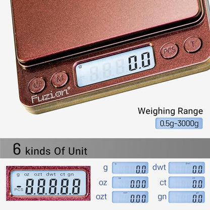 Fuzion Small Gram Scale 3000g, Digital Kitchen Food Scale, Gram and Ounce | Ombré, 0.1g Accuracy, 6 Modes, 2 Trays Included, Tare, Piece Counting, For Food, Coffee, Cooking, Herb, Reptiles, Coins - color: Ombré Gold-Pink
