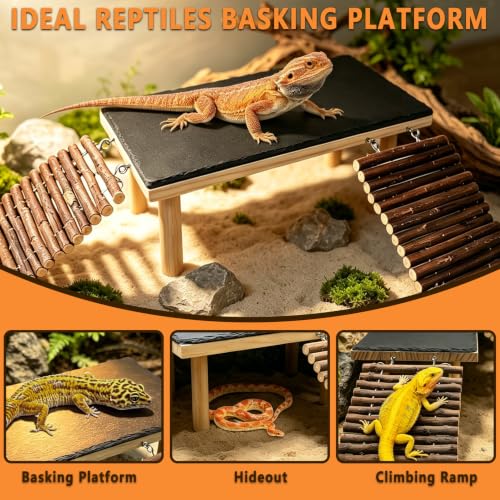 Bearded Dragon Basking Platform with Climbing Ramp,Reptile Basking Rock,XL | Wooden Lizard Resting Platform Basking Rock Slate,Leopard Gecko Hide Cave Tank Accessories for Tortoise Snake - size: XL: 13.78"x 7.87"x 4.56"