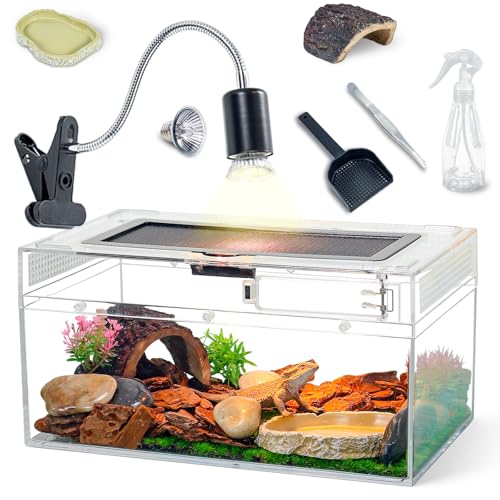 12.5x6x7 Reptile Terrarium Kit with Heat Lamp & Hideout for Geckos, Snakes | Complete kit includes spray bottle, shovel, tweezers, food bowl, hideout; ideal for lizards, turtles, spiders, frogs, crabs