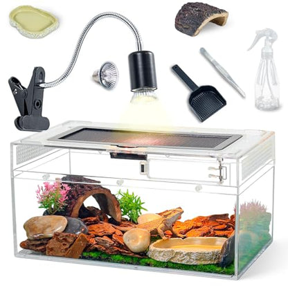 12.5x6x7 Reptile Terrarium Kit with Heat Lamp & Hideout for Geckos, Snakes | Complete kit includes spray bottle, shovel, tweezers, food bowl, hideout; ideal for lizards, turtles, spiders, frogs, crabs