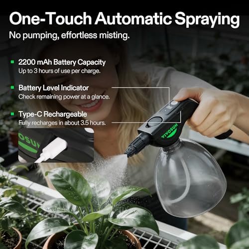 VIVOSUN 70oz Battery Powered Sprayer, Electric Spray Bottle | USB Rechargeable, Automatic Water Pump Plant Mister with Adjustable Pressure, Easy to Refill, 2.2 Ah Battery