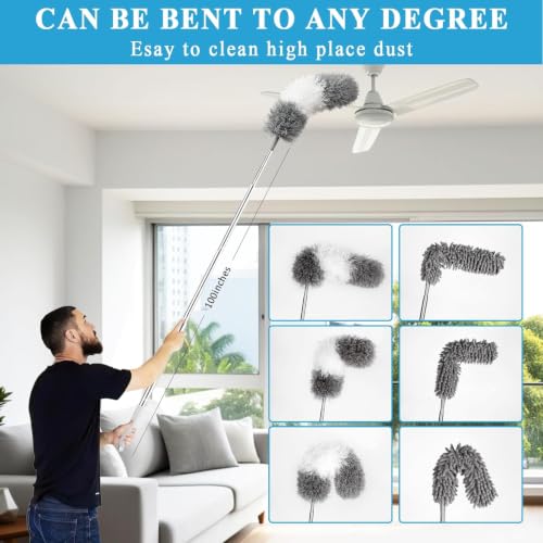 Microfiber Duster Kit 25pcs with 30 to 100 Inches Extension Pole and Baseboard Cleaner Tool, Washable and Bendable Feather Duster for Cleaning Ceiling Fans, High Ceilings, Cobwebs, Blinds,Grey - size: 25pcs