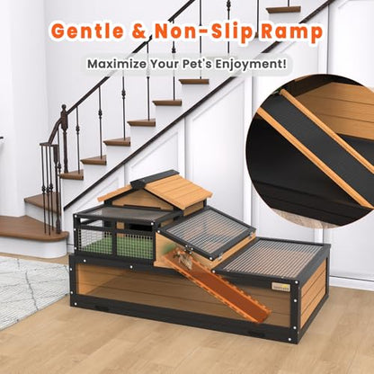 3-Room Large Tortoise Habitat with Pull-Out Tray, Wooden Tortoise Enclosure Indoor & Outdoor with Ramp, Grass Mat, Openable Roof, Luxurious Reptile Enclosure for Small Animals, Yellow