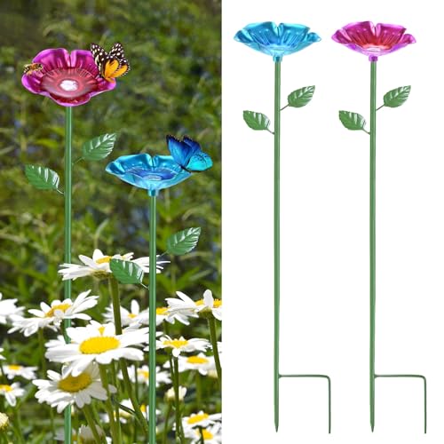 M METERXITY 2-Pack Bee Watering Stations, 64cm/25 Inch Iron Bee Bath for Garden Water Feeder, Colorful Butterfly Bath Bowl for Outdoor/Garden/Yard Decor [Blue/Rose Red] - color: Blue, Rose red