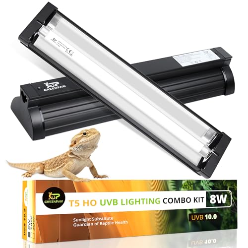 T5 UVB Reptile Light Fixture Combo Kit 8W 10.0 – Complete HO UVB Light for Reptiles with 12.44" Terrarium Hood, Desert UVB Bulb for Bearded Dragon Gecko Tortoise Lizard – Easy to Install and Use - size: 10.0-12.44 in