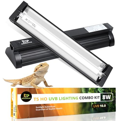 T5 UVB Reptile Light Fixture Combo Kit 8W 10.0 – Complete HO UVB Light for Reptiles with 12.44" Terrarium Hood, Desert UVB Bulb for Bearded Dragon Gecko Tortoise Lizard – Easy to Install and Use - size: 10.0-12.44 in