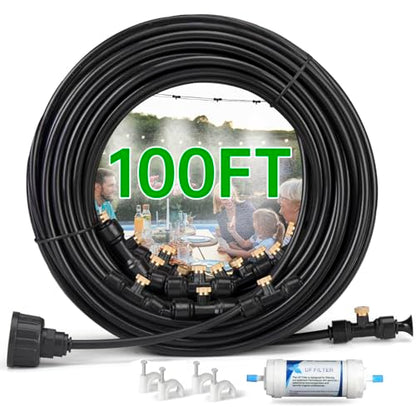 100FT Misting Cooling System for Patio & Garden - Brass Nozzles, UV-Resistant Tubing, DIY Installation - Water-Saving Backyard Mister for Outdoors, Greenhouse, Trampoline, Pool, BBQ Parties - size: 100FT