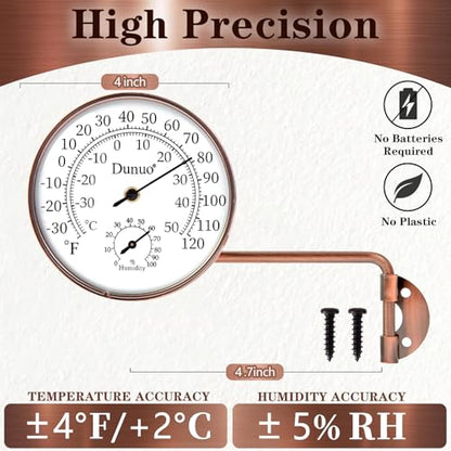 4-Inch Long Arm Brass Outdoor Thermometer & Humidity Gauge | Weatherproof Battery-Free Analog Hygrometer, °F/°C Dual Scale, Adjustable Swivel Bracket for Patio, Window & Greenhouse - size: 4inch with longer arm