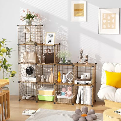 C&AHOME Wire Cube Storage, 12 - Cube Organizer Metal C Grids, Closet, Brown | Modular Shelves Units Storage Bins Shelving Bookshelf Shelf Cabinet - color: Brown