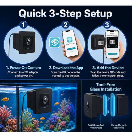 2K HD Aquarium Camera for Fish: Tank & Reptile Terrarium Camera with Battery and 32GB SD Card – Anti-Glare Glass Mount, Night Vision, Two-Way Audio, AI Motion Detection, Aquarium Accessory