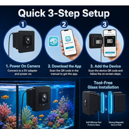2K HD Aquarium Camera for Fish: Tank & Reptile Terrarium Camera with Battery and 32GB SD Card – Anti-Glare Glass Mount, Night Vision, Two-Way Audio, AI Motion Detection, Aquarium Accessory