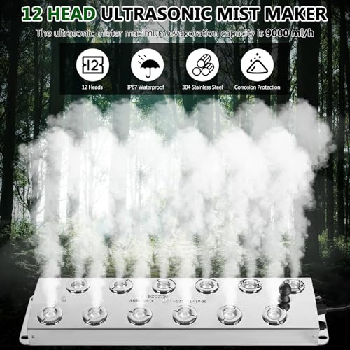 Ultrasonic Mist Maker 12 Heads, 9000ml/H Ultrasonic Fogger w/Float, 400W Waterproof Power Supply, for Halloween Atmosphere, Fish Tank, Greenhouse, Landscape