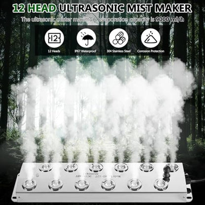 Ultrasonic Mist Maker 12 Heads, 9000ml/H Ultrasonic Fogger w/Float, 400W Waterproof Power Supply, for Halloween Atmosphere, Fish Tank, Greenhouse, Landscape