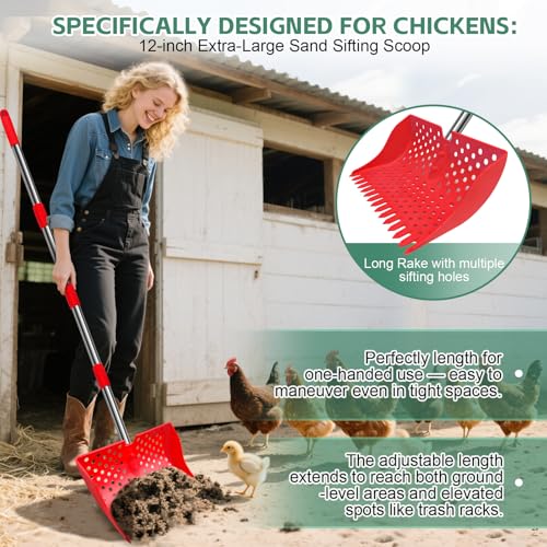 12" 2-in-1 Chicken Poop Scooper & Rake, 3-Shape Sifting Holes Chicken Coop Rake, Stainless Steel Handle (20–61") - Litter Scooper & Sand Sifting Shovel (U.S. Patent No. D1124534) - Red - color: Red