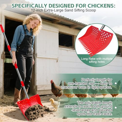 12" 2-in-1 Chicken Poop Scooper & Rake, 3-Shape Sifting Holes Chicken Coop Rake, Stainless Steel Handle (20–61") - Litter Scooper & Sand Sifting Shovel (U.S. Patent No. D1124534) - Red - color: Red