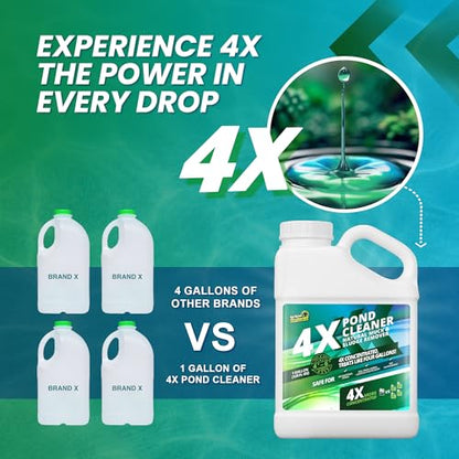 1 Gallon 4X Pond Cleaner - Treats Like 4 Gallons & Covers 4 Acres - Pond Cleaner for Outdoor Ponds, Pond Muck and Sludge Remover for a Clean, Natural Look, Ideal Pond Clarifier for Outdoor Ponds - size: 1 Gallon