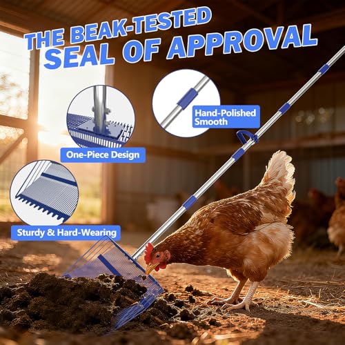 15” Extra Large 2-in-1 Chicken Poop Scooper & Rake with Ergonomic Grip, Metal Goat Chicken Coop Pooper Scooper for Sand with Adjust 38”-77” Stainless Steel Handle, Wide Sifting Shovel Cleaning Tools