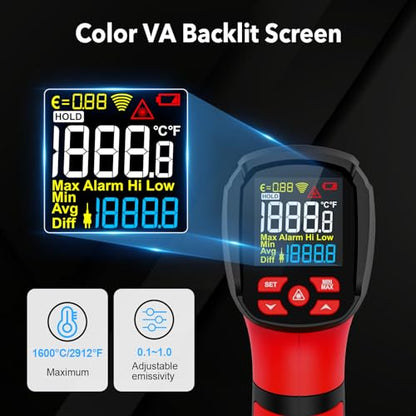 Infrared Thermometer High Temperature Gun -40℉~2912℉, 50:1 Dual Laser Thermometer with Probe 14℉ - 932℉, Digital IR Temp Gun for Cooking, Pizza Oven, Engine, Kiln, Forging, Industrial Use - color: Red -40°F - 2912°F(-40-1600℃)