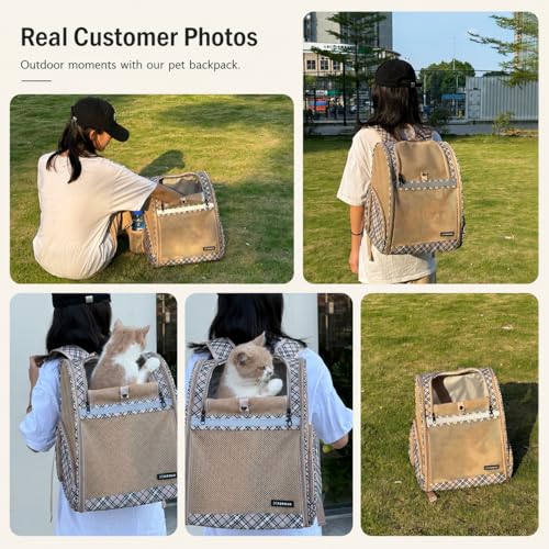 Cat Backpack Carrier for Small Dogs and Medium cat Puppy Kitten Bunny Pet Carrier Backpack Collapsible with Fully Ventilated Mesh with Safety Leash (Khaki, 12.9" L x 10.62" W x 15.5" H - M) - color: Khaki, size: Medium