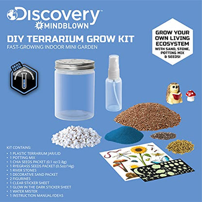 Discovery #MINDBLOWN DIY Terrarium Grow Kit, Fast-Growing Indoor Mini Garden, Create A Living Ecosystem, Includes Sand, Seeds, Potting Mix, Stones and More