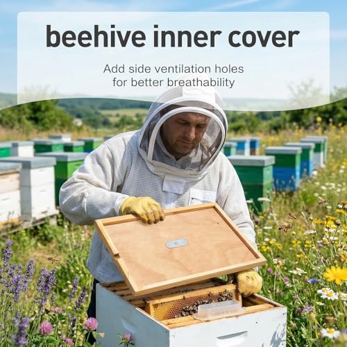 2Pcs Bee Hive Inner Cover 10 Frame with 2 Bee Escapes | Beeswax-Coated Fir Wood, Vents Reduce Moisture. Notch Feeds Syrup. Fits 10-Frame Langstroth. Maintains Stable Temp.