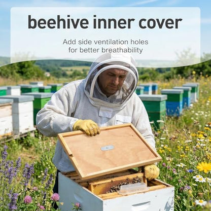 2Pcs Bee Hive Inner Cover 10 Frame with 2 Bee Escapes | Beeswax-Coated Fir Wood, Vents Reduce Moisture. Notch Feeds Syrup. Fits 10-Frame Langstroth. Maintains Stable Temp.