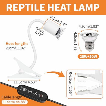 GOZILLA Reptile Heat Lamp, Turtle Lamp with 360° Goose Neck Rotatable Timing & Dimming Cycle Timer, 25W+50W UVA/UVB Reptile Light Bulbs for Reptiles and Amphibian Tanks, Terrariums and Cages.(White) - color: Goose Neck-White
